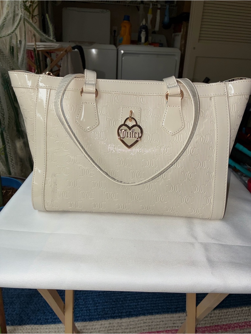 Juicy Couture Gothic JC Logo Monogram Tote Cream Gold Hardware Heart Lock - Picture 2 of 15